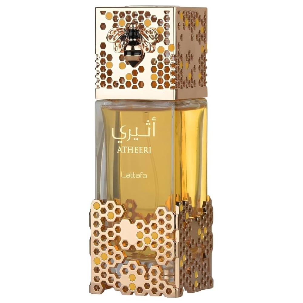 Perfume bottle with honeycomb design and bee emblem on a white background
