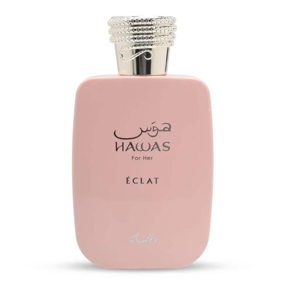 Pink perfume bottle with silver cap on a white background