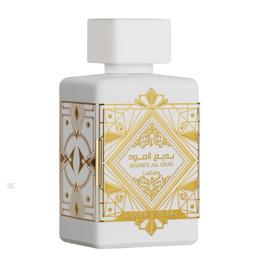 “Lattafa Badee Al Oud Honor & Glory 100ml Eau de Parfum perfume bottle on white background.”