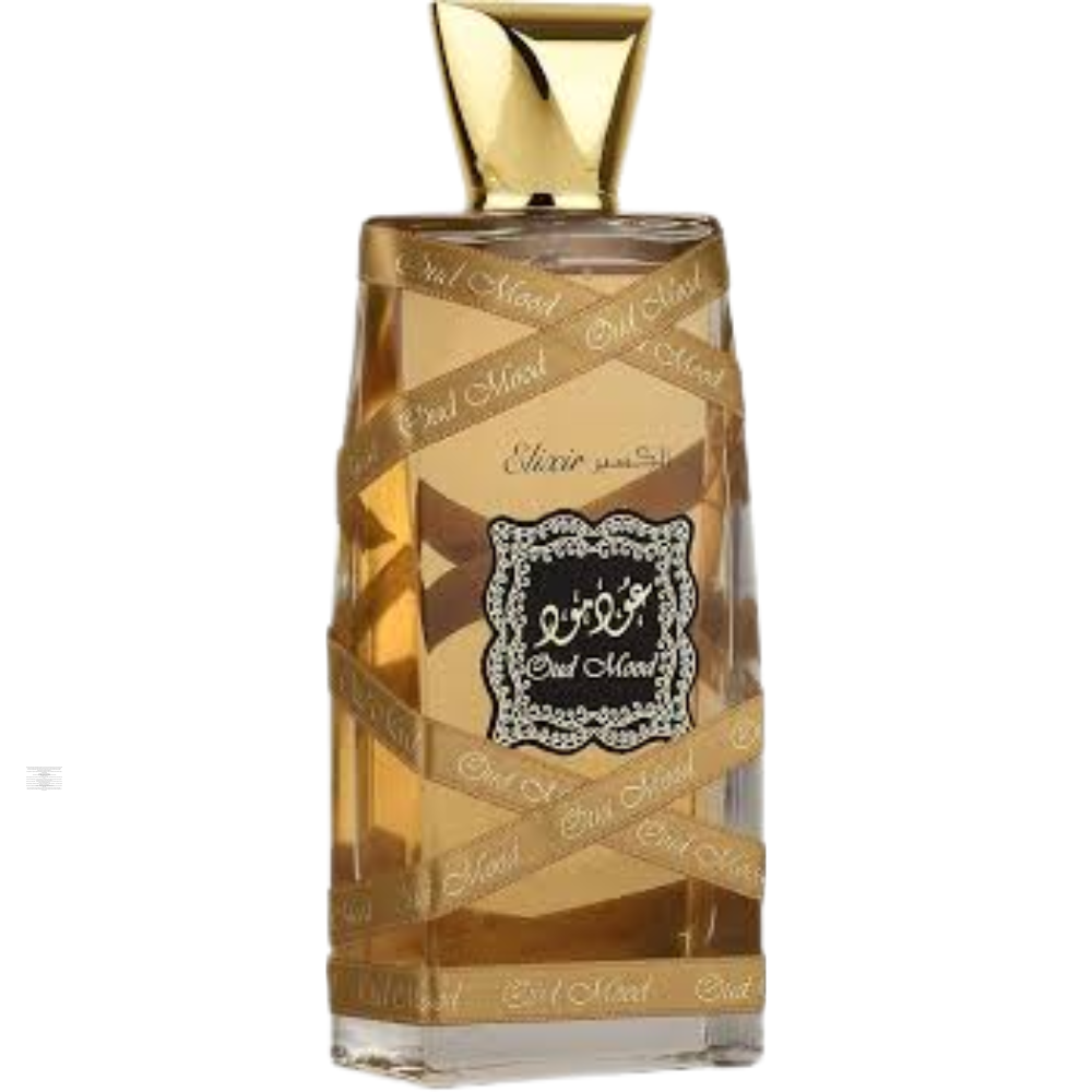 Bottle of Lattafa Oud Mood Elixir 100ml Eau de Parfum on white background.