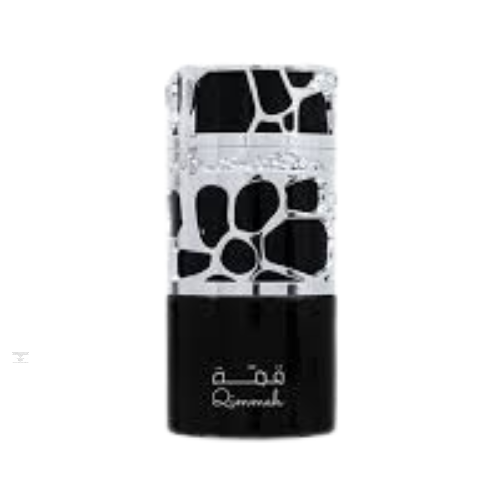 Lattafa Qimmah For Men 100ml fragrance bottle in dark blue and silver design.