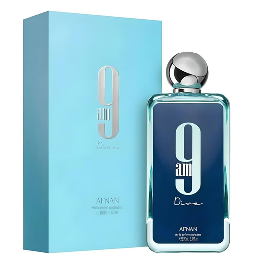 Perfume bottle and packaging of 9am Dive by Afnan on a white background
