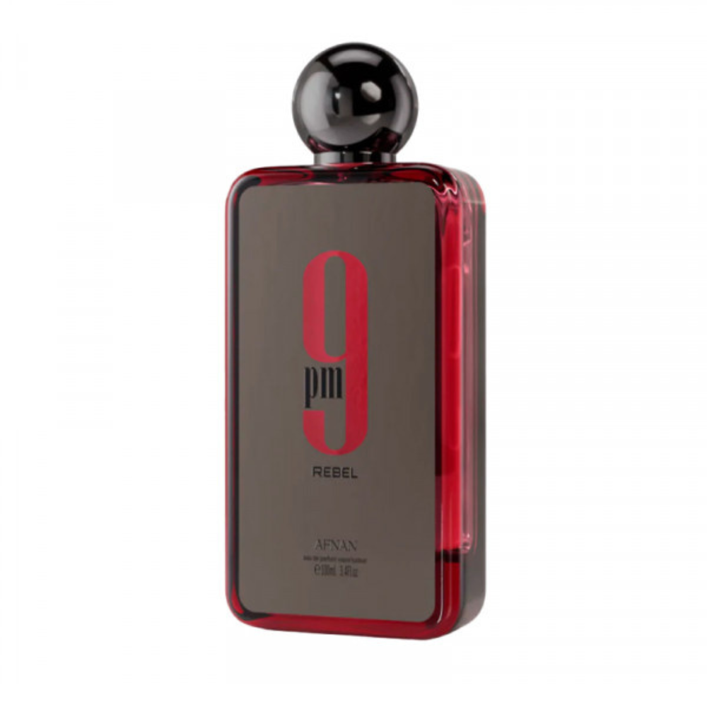 Perfume bottle with red and black design on a white background