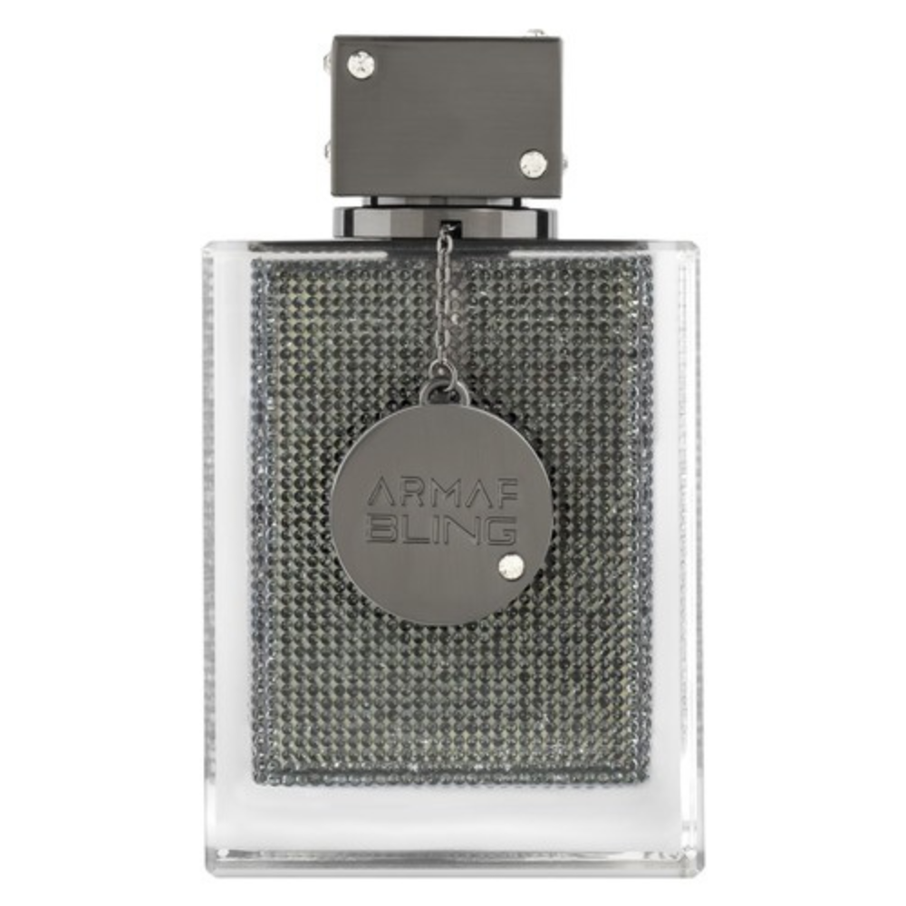 Perfume bottle with chain and 'Armaf Sling' label on a white background