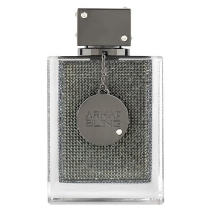 Perfume bottle with chain and 'Armaf Sling' label on a white background