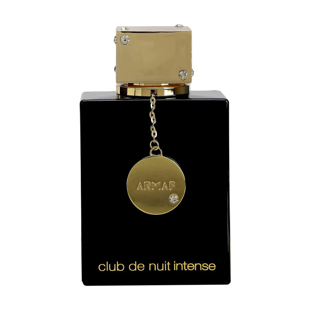 Black and gold Armaf Club de Nuit Intense perfume bottle on a white background