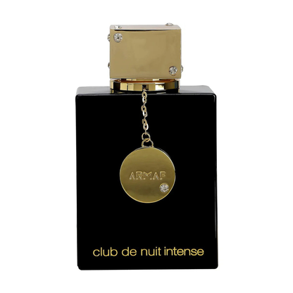 Black and gold Armaf Club de Nuit Intense perfume bottle on a white background