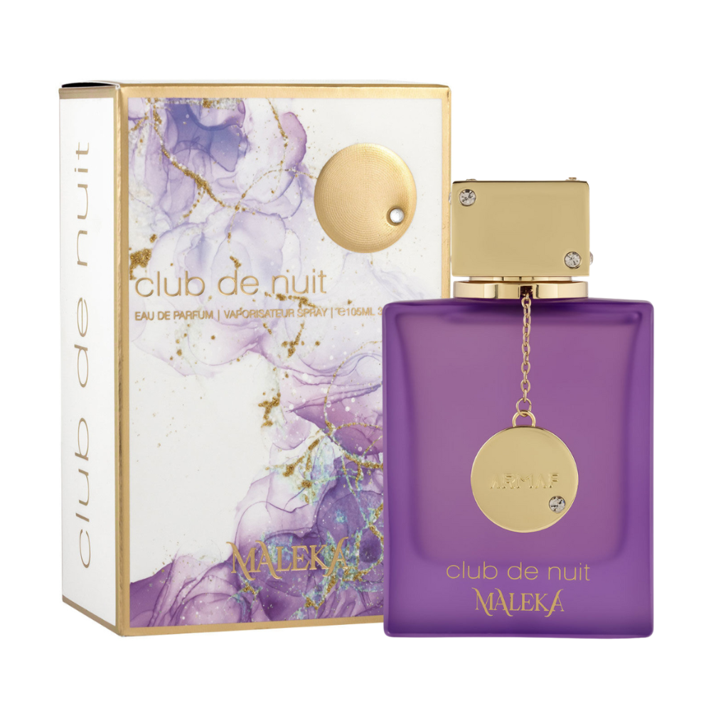 Purple perfume bottle with gold cap and 'club de nuit' packaging on a white background