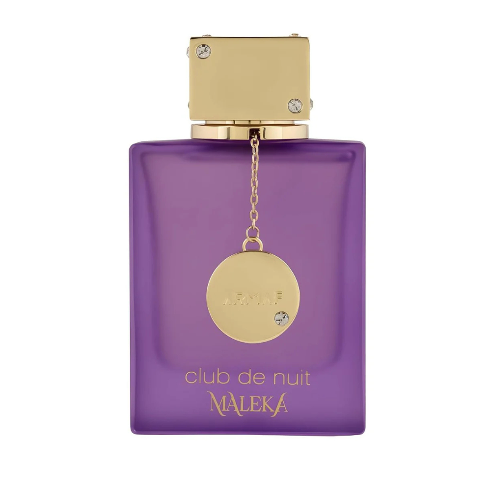 Purple perfume bottle with gold cap and decorative elements on a white background