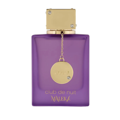 Purple perfume bottle with gold cap and decorative elements on a white background