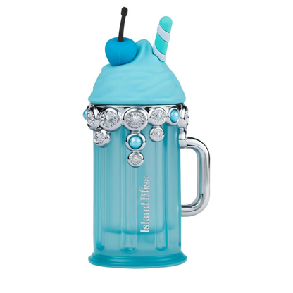 Blue glass mug with decorative elements on a white background