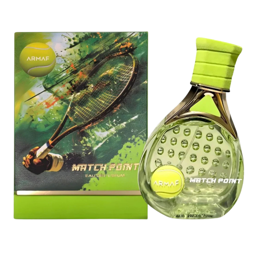 Perfume bottle and packaging with tennis racket and ball design, featuring the brand 'Armaf'.