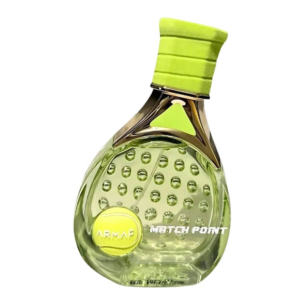 Perfume bottle shaped like a tennis racket with 'Armaf Match Point' branding on a white background