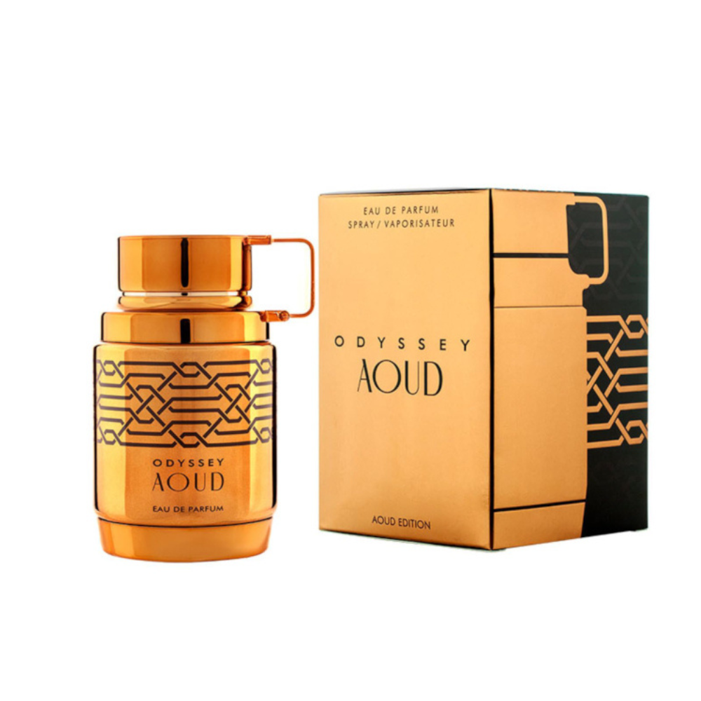 Gold Odyssey Aoud perfume bottle and packaging on a white background