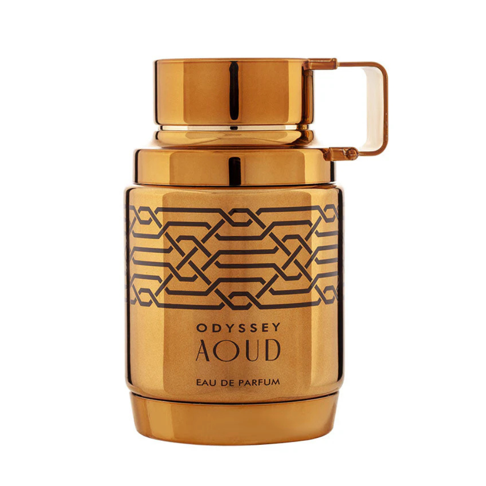 Gold Odyssey Aoud perfume bottle on a white background