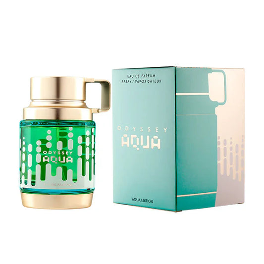 Green and gold Odyssey Aqua perfume bottle with packaging on a white background