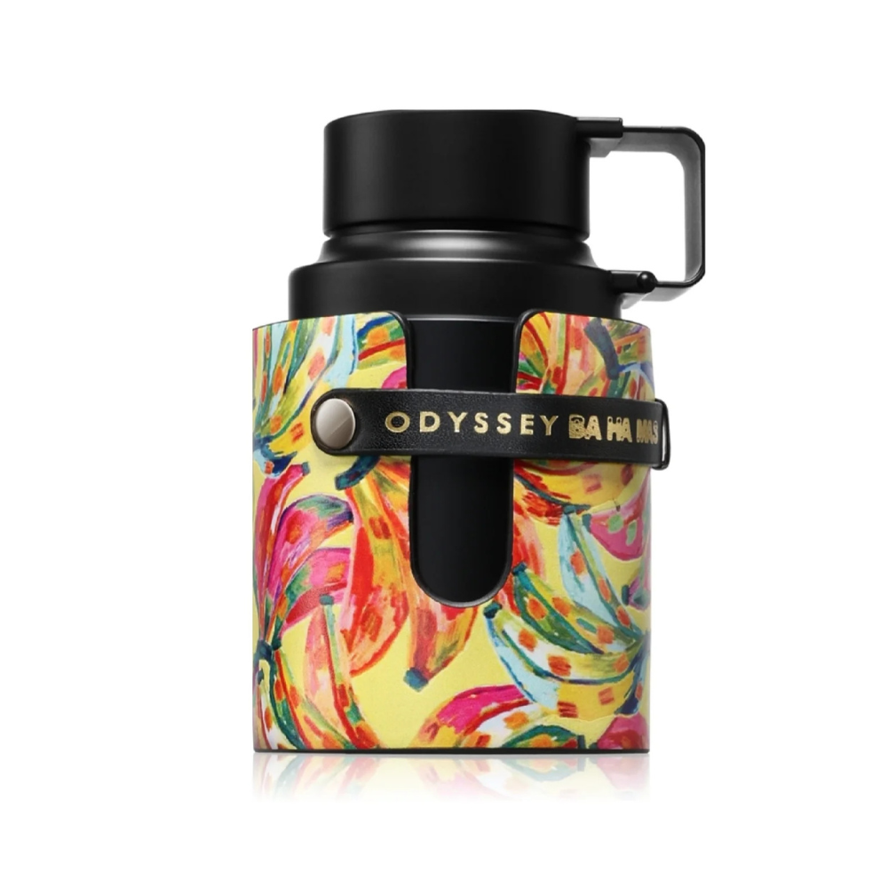 Colorful thermos with a floral pattern and Odyssey branding on a white background