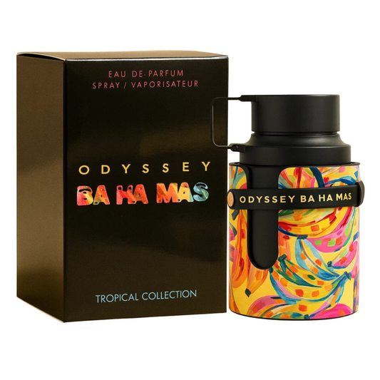 Odyssey Bahamas perfume bottle with colorful design and black cap next to black packaging box.