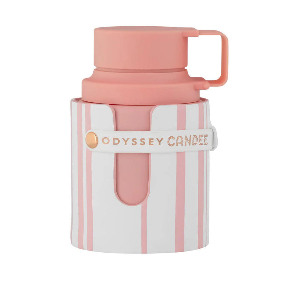 Pink and white striped container with 'Odyssey Candle' branding on a white background