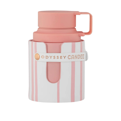 Pink and white striped container with 'Odyssey Candle' branding on a white background
