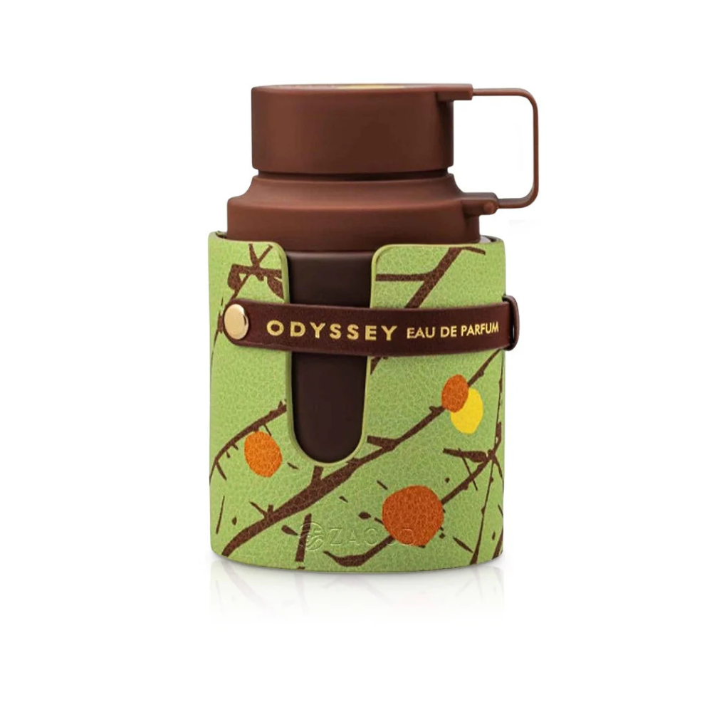 Perfume bottle with green label featuring tree design and brown cap on white background