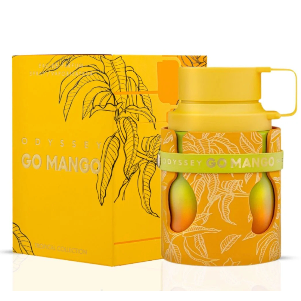 Yellow water bottle with 'Odyssey Go Mango' branding next to its packaging on a white background