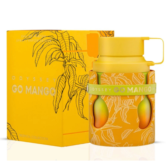 Yellow water bottle with 'Odyssey Go Mango' branding next to its packaging on a white background