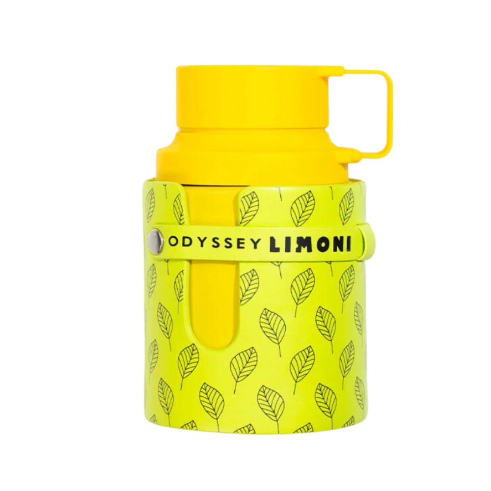 Yellow water bottle with leaf pattern and 'Odyssey Limoni' branding on a white background