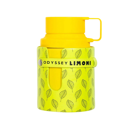 Yellow water bottle with leaf pattern and 'Odyssey Limoni' branding on a white background