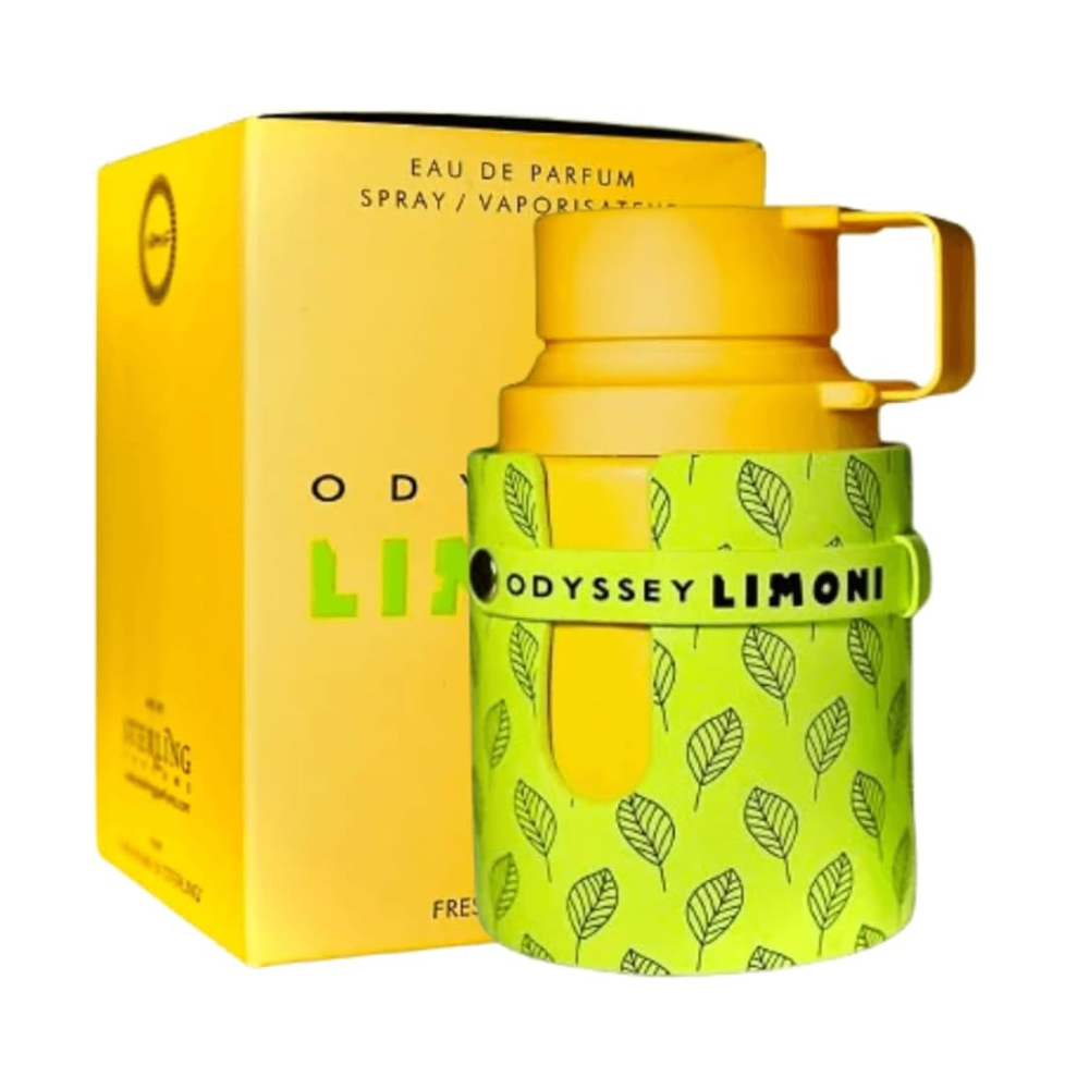 Odyssey Limoni perfume bottle with yellow packaging on a white background