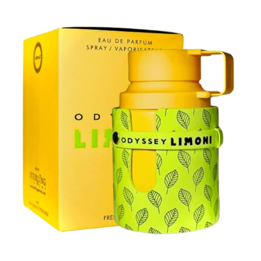 Odyssey Limoni perfume bottle with yellow packaging on a white background