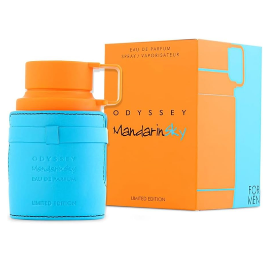 Blue Odyssey Mandarin Eau de Parfum bottle with orange packaging on a white background