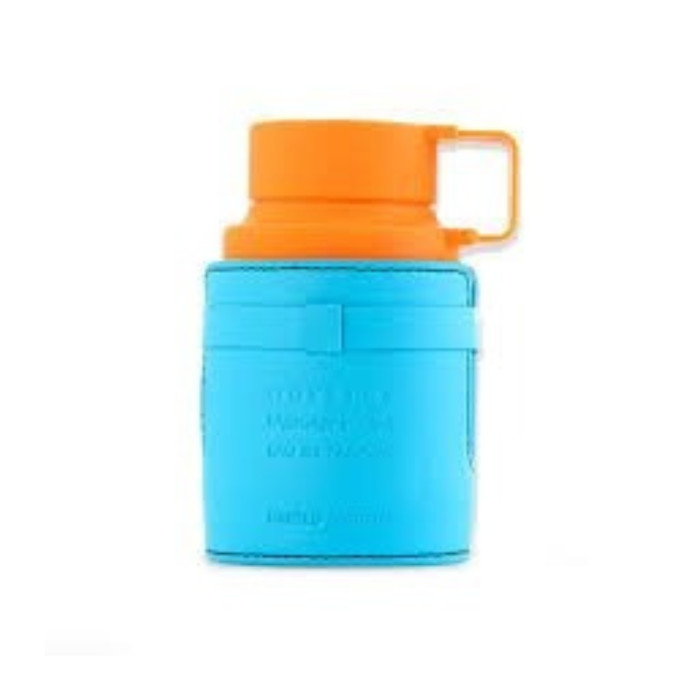 Blue thermos with orange lid on a white background