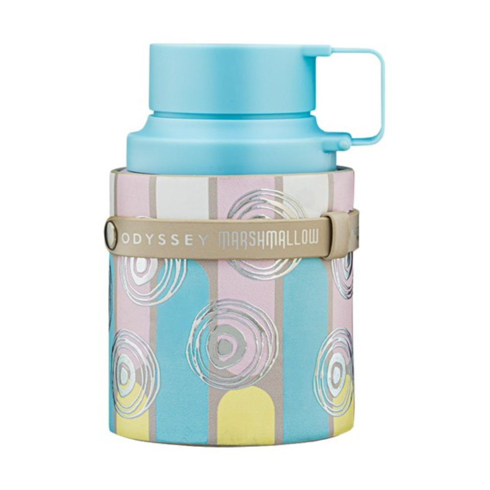 Thermos with colorful patterned cover and Odyssey Marshmallow branding on a white background