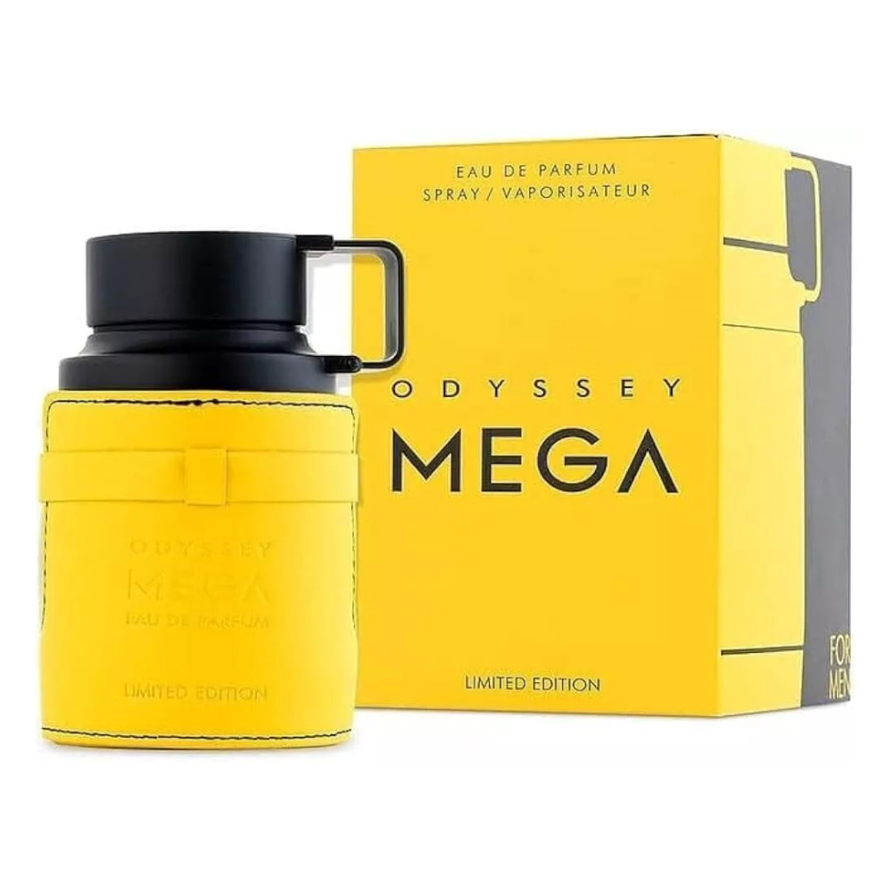 Yellow and black Odyssey Mega perfume bottle and packaging on a white background