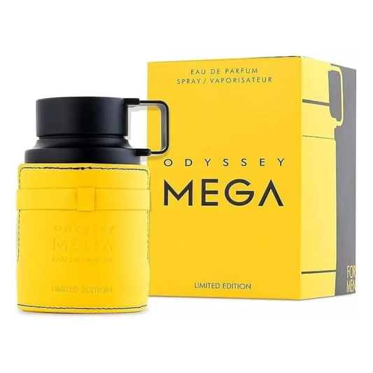Yellow and black Odyssey Mega perfume bottle and packaging on a white background