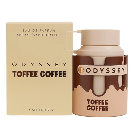 Odyssey Toffee Coffee Eau de Parfum spray bottle and packaging on a white background