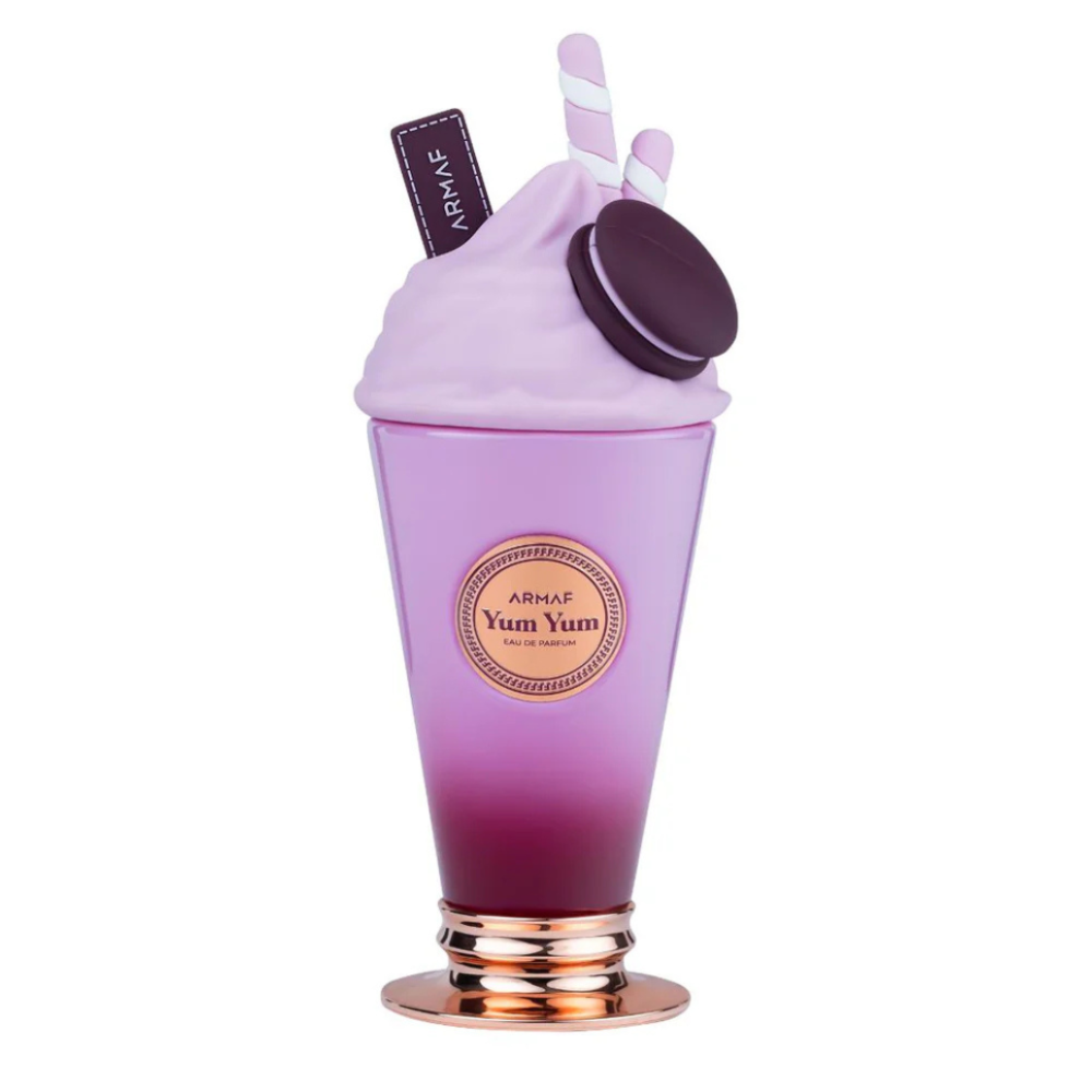 Purple and pink bottle with ice cream cone design on a white background