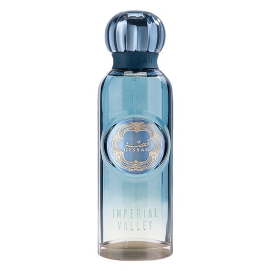 Gissah Imperial Valley Eau de Toilette bottle, featuring a light blue gradient glass body with a metallic blue cap and gold detailing on the front label.