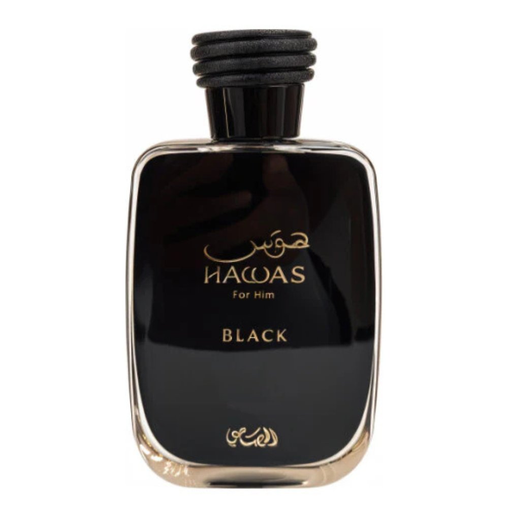 Black Hacoas perfume bottle with gold text on a white background