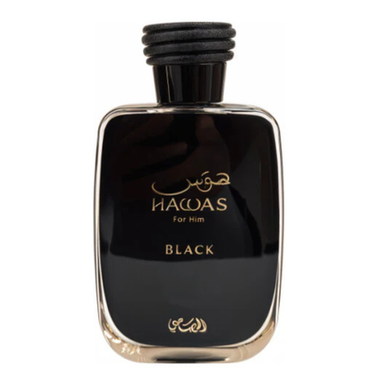 Black Hacoas perfume bottle with gold text on a white background