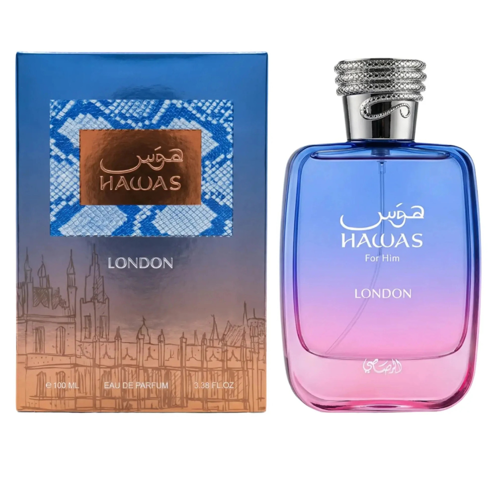 Hawas perfume bottle and packaging on a white background