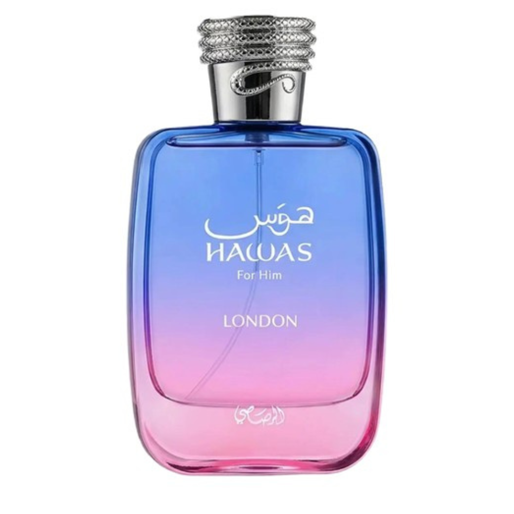 Gradient blue to pink perfume bottle with silver cap on a white background