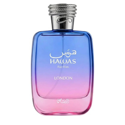 Gradient blue to pink perfume bottle with silver cap on a white background