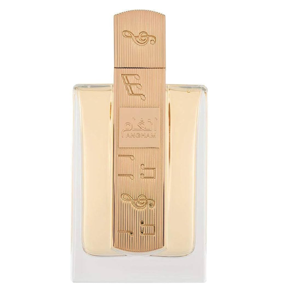 Gold and beige perfume bottle with brand logo on a white background