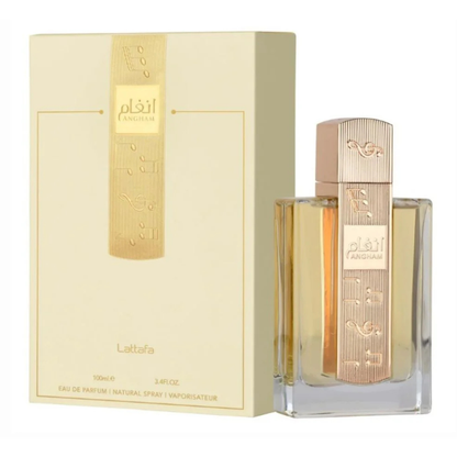 Perfume bottle and packaging with gold accents on a white background