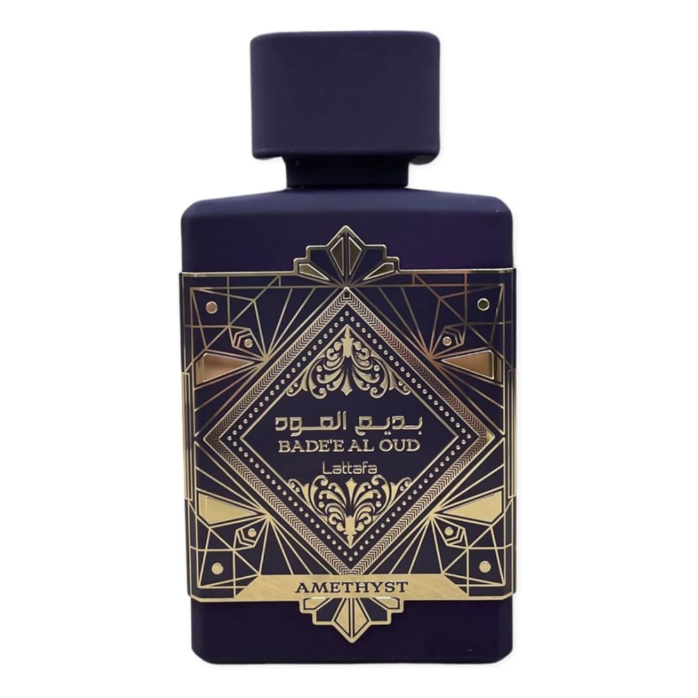 Navy blue perfume bottle with gold geometric design and text on a white background