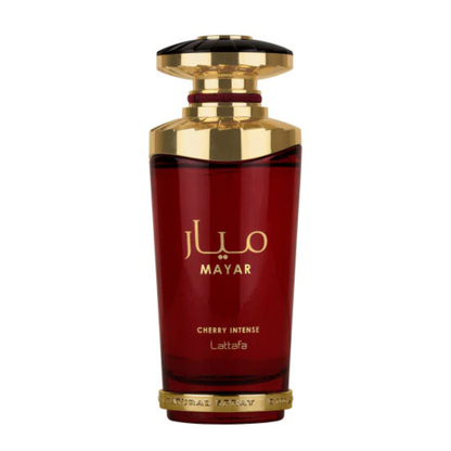 Red perfume bottle with gold cap and 'MAYAR' branding on a white background