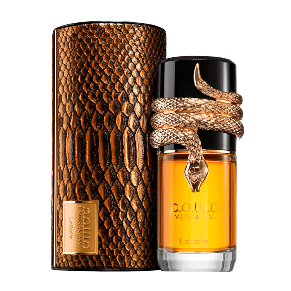 Perfume bottle with snake design and decorative packaging on a white background