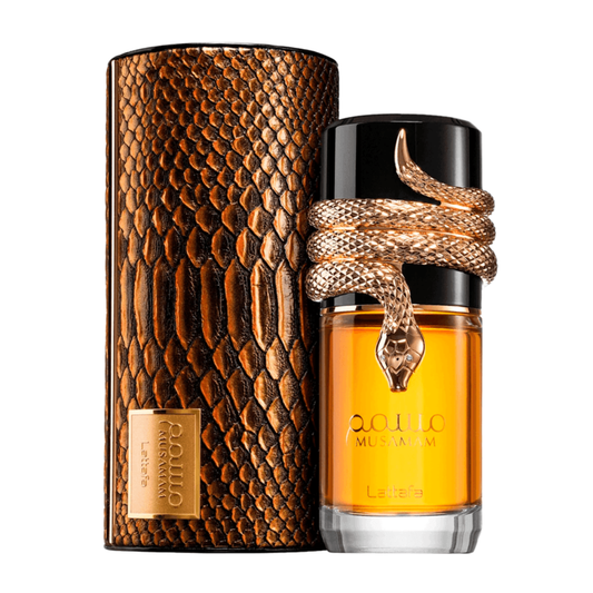 Perfume bottle with snake design and decorative packaging on a white background